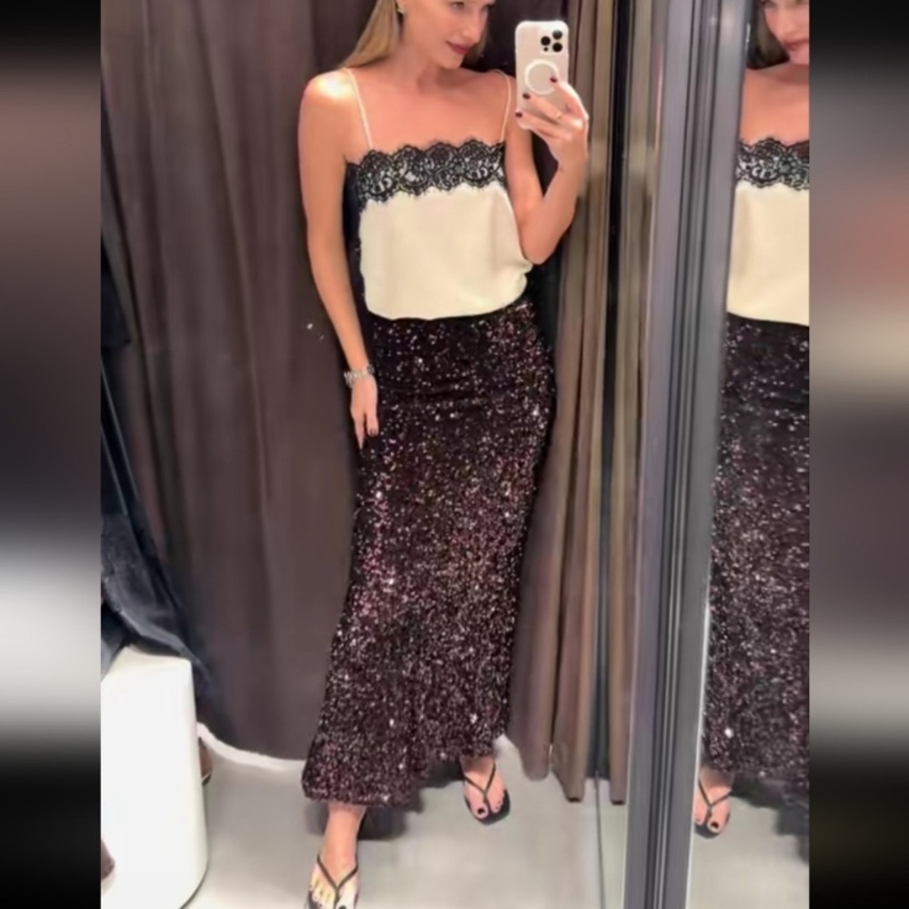 ZARA LONG SEQUIN SKIRT BROWN LARGE